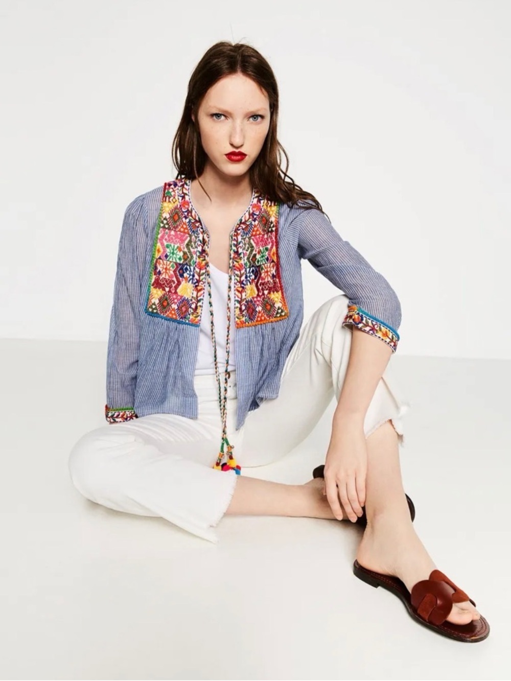 Zara Embroidered Blue Striped Boho Jacket
